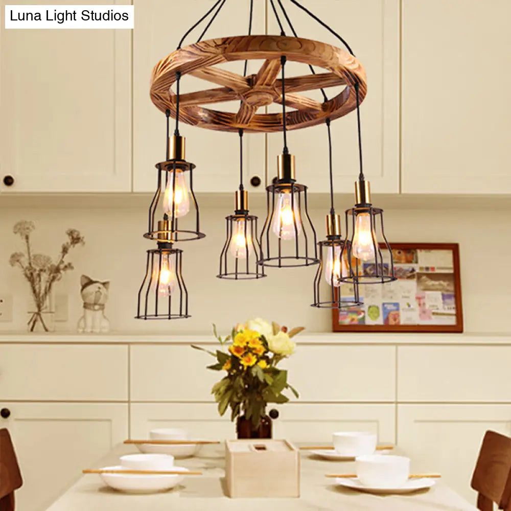 Gold Metal Cage Chandelier With Wood Shelf - 3/6-Light Pendant For Dining Room 6 /