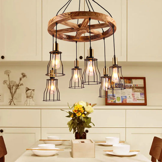 Gold Open Cage Chandelier With Wood Shelf - 3/6-Light Metal Pendant For Dining Room 6 /