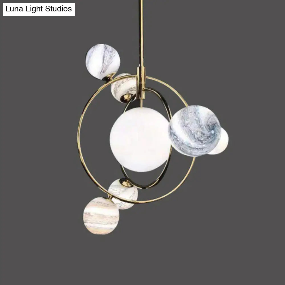 Gold Orbital Planet Pendant Light With Stained Glass Shade - Postmodern Creative Chandelier