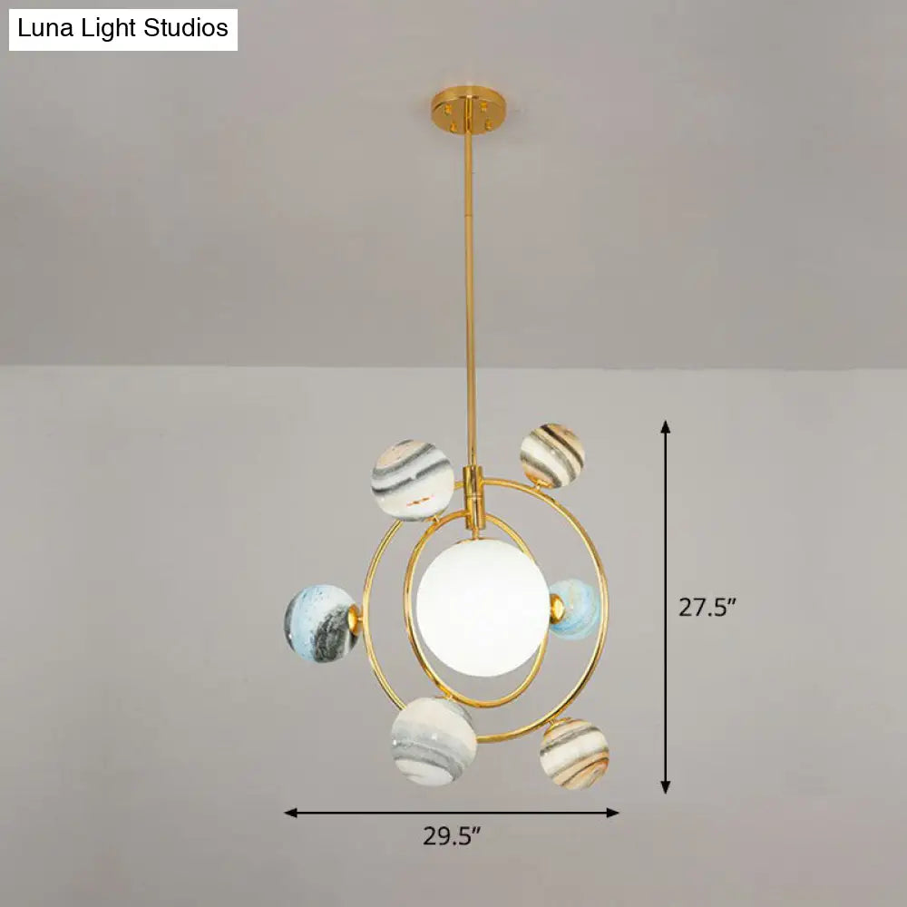 Gold Orbital Planet Pendant Light With Stained Glass Shade - Postmodern Creative Chandelier 7 /