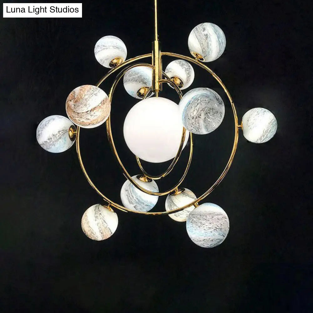 Gold Orbital Planet Pendant Light With Stained Glass Shade - Postmodern Creative Chandelier