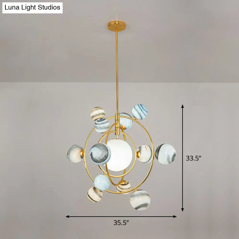 Gold Orbital Planet Pendant Light With Stained Glass Shade - Postmodern Creative Chandelier 13 /