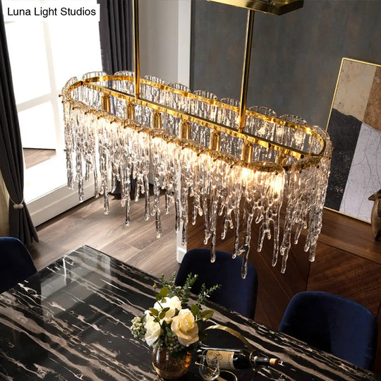 Gold Oval Island Pendant Lamp: Minimalist Design With Clear Crystal 7 Bulbs & Melting Ice-Inspired