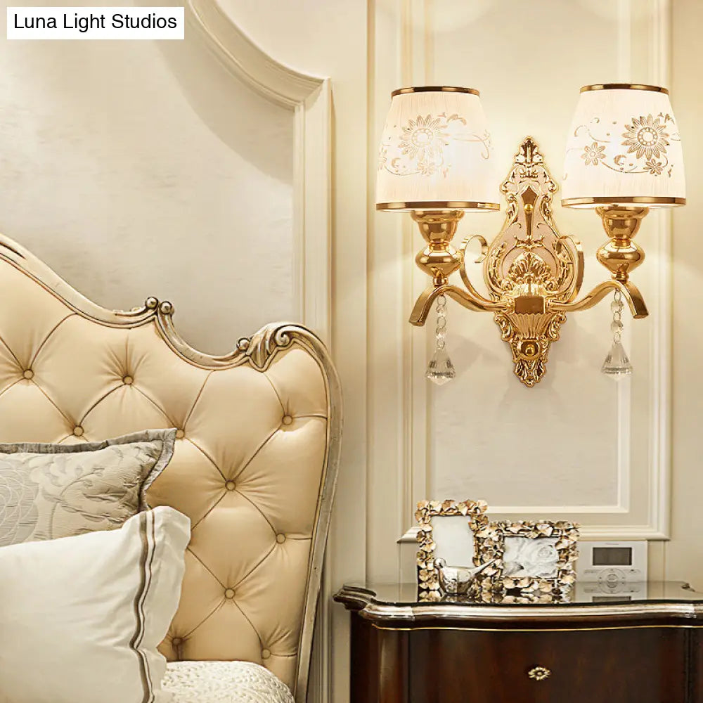 Gold Patterned Glass Wall Sconce For Traditional Bedroom