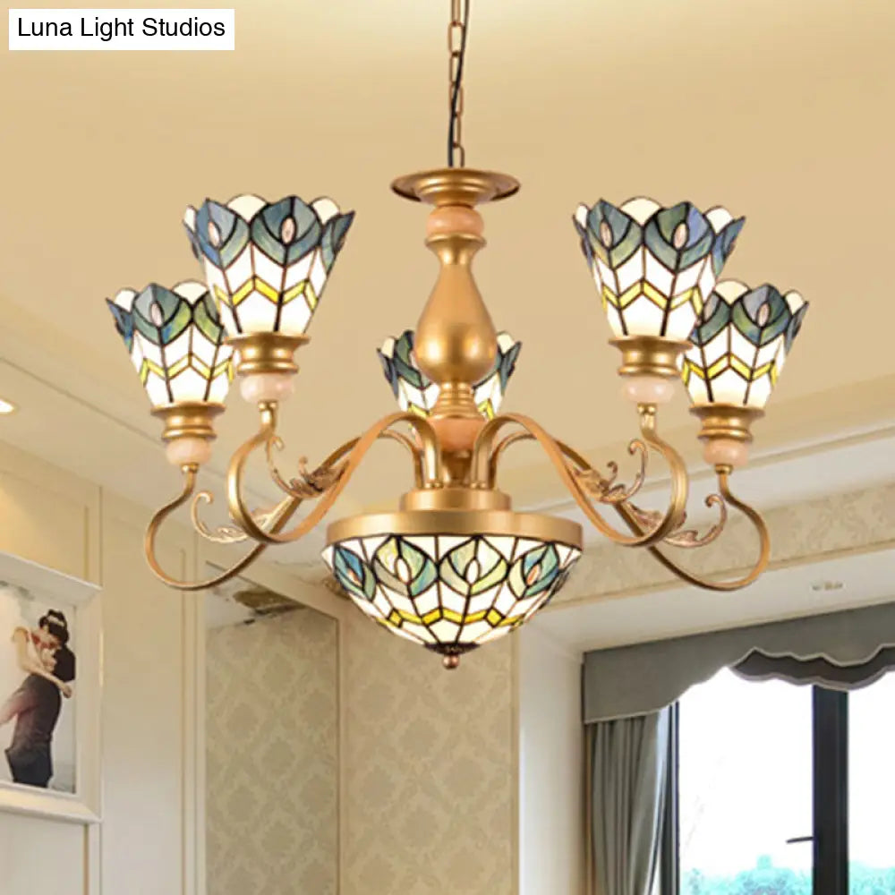 Stained Glass Peacock Feather Chandelier In Gold - Perfect For Living Room With 3/5/6 Lights 5 /