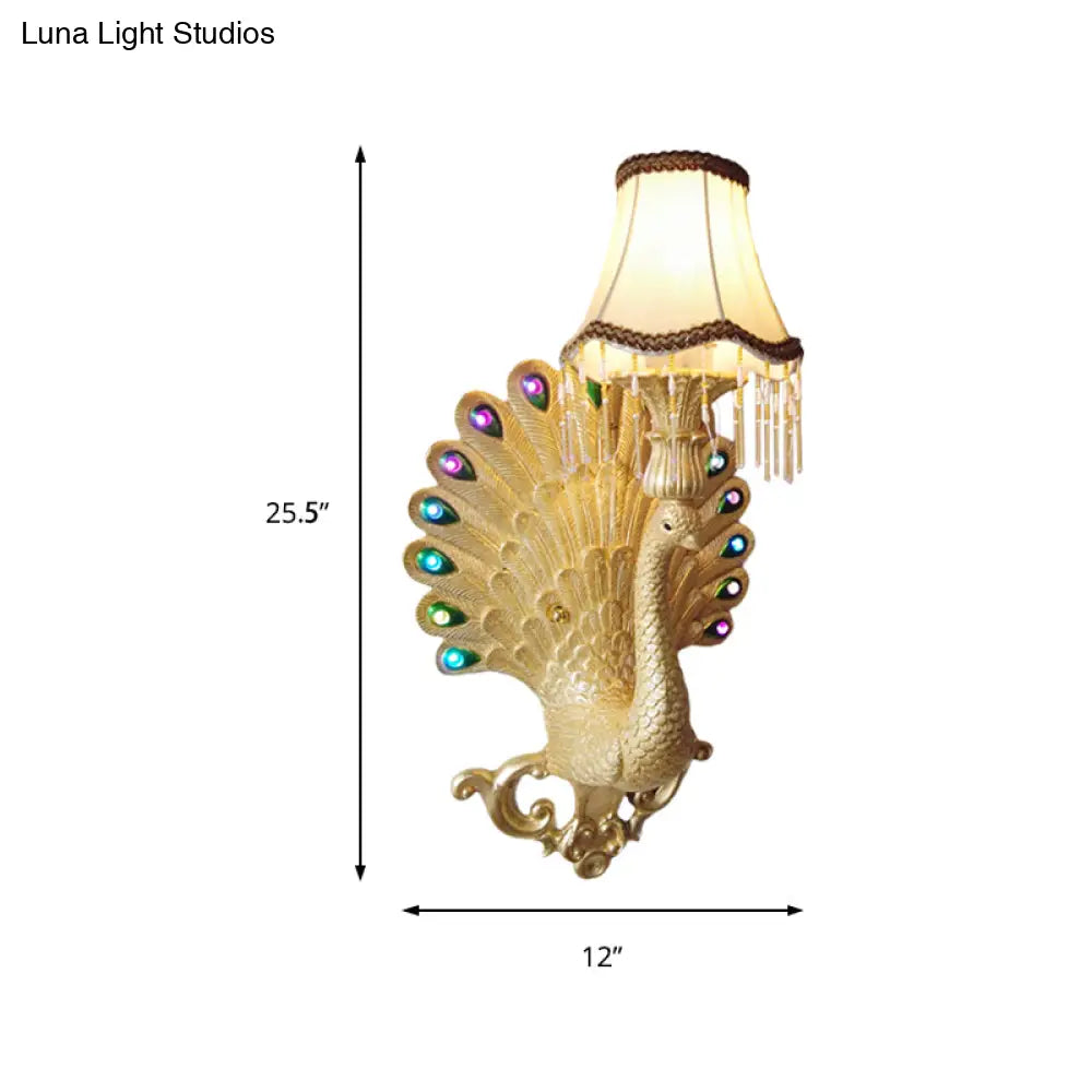 Gold Peacock Wall Sconce Lamp - Southeast Asian Style Resin Fixture With Scallop Shade