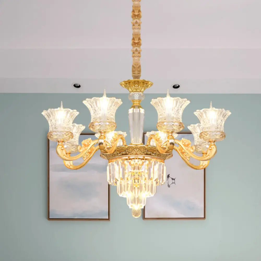 Gold Pendant Blossom Modern Chandelier - 8-Head Clear Crystal Glass With Carved Arm