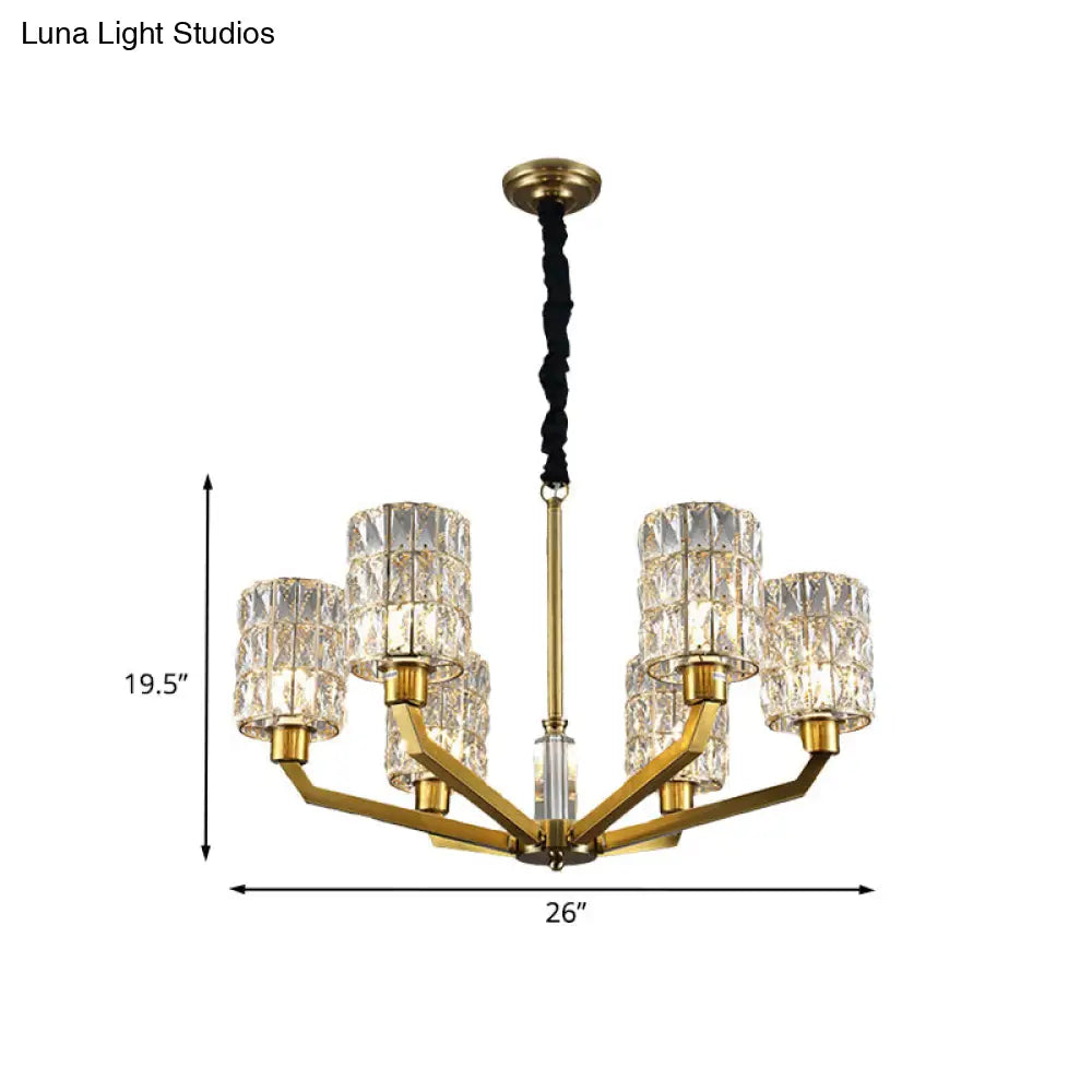 Gold Pendant Chandelier With Crystal Cylinder Shade - Modern Bedroom Lighting Fixture (6 Heads)