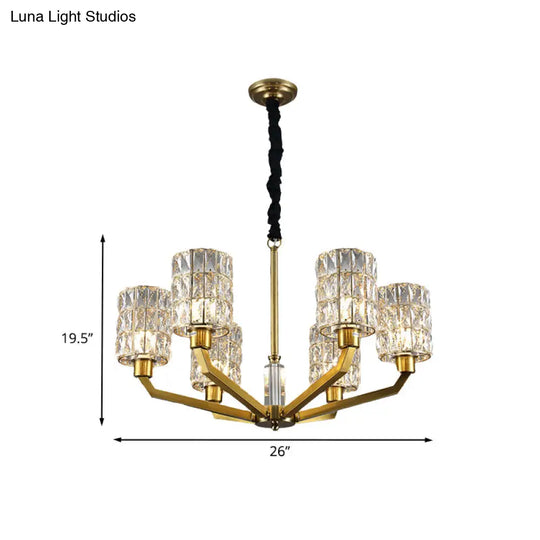 Gold Pendant Chandelier With Crystal Cylinder Shade - Modern Bedroom Lighting Fixture (6 Heads)