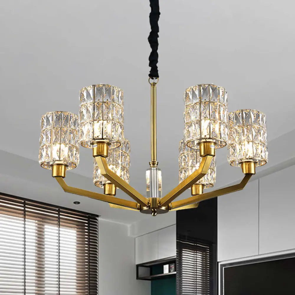 Gold Pendant Chandelier With Crystal Cylinder Shade - Modern Bedroom Lighting Fixture (6 Heads)