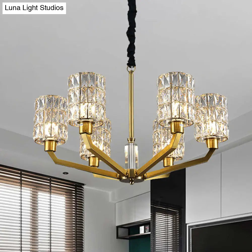 Modern Gold Bedroom Pendant Chandelier With Crystal Shade - 6 Heads Hanging Light Fixture