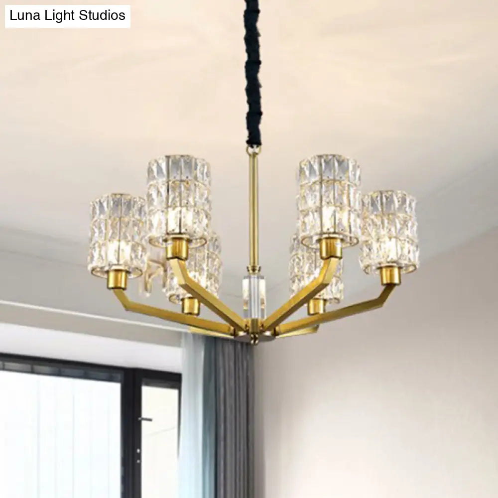 Gold Pendant Chandelier With Crystal Cylinder Shade - Modern Bedroom Lighting Fixture (6 Heads)