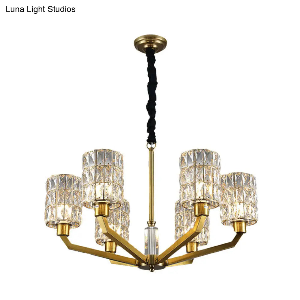 Modern Gold Bedroom Pendant Chandelier With Crystal Shade - 6 Heads Hanging Light Fixture