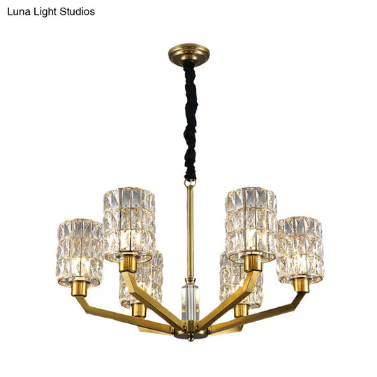 Modern Gold Bedroom Pendant Chandelier With Crystal Shade - 6 Heads Hanging Light Fixture