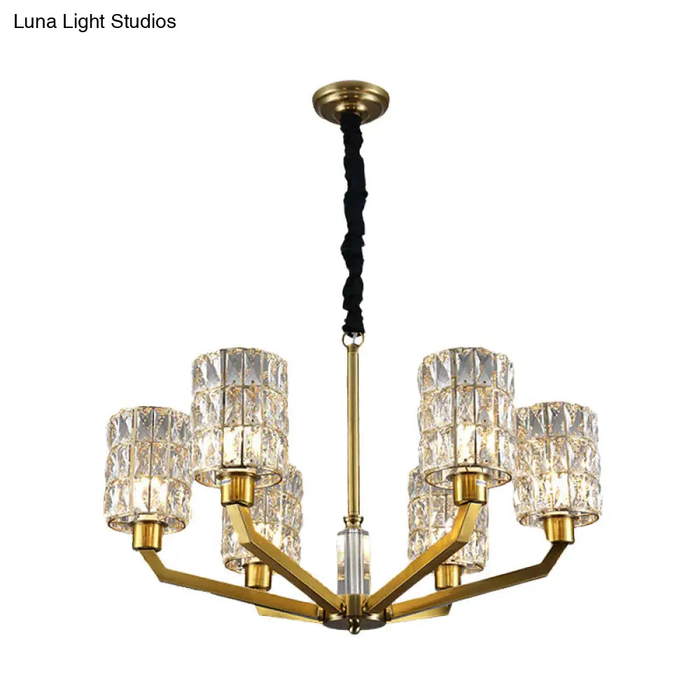 Gold Pendant Chandelier With Crystal Cylinder Shade - Modern Bedroom Lighting Fixture (6 Heads)