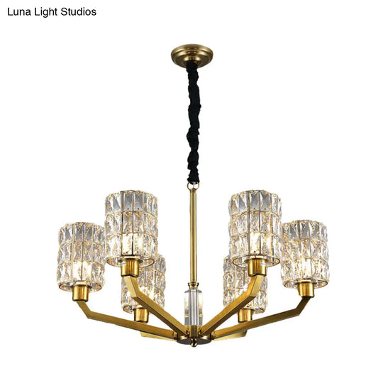 Gold Pendant Chandelier With Crystal Cylinder Shade - Modern Bedroom Lighting Fixture (6 Heads)