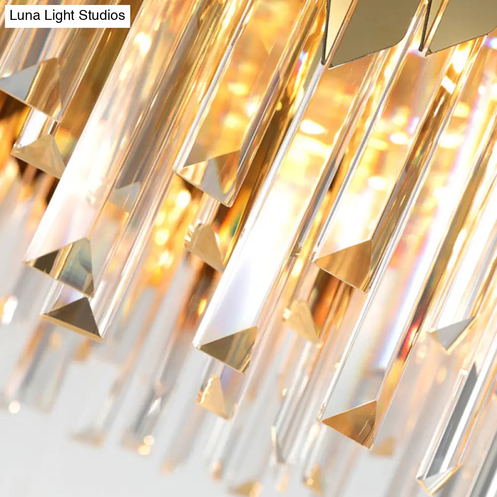 Gold Pendant Chandelier With Tri-Sided Crystal Rod Drum - Postmodern Design 6 Heads Hanging Light