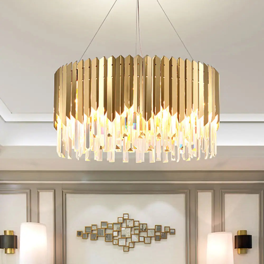 Gold Pendant Chandelier With Tri-Sided Crystal Rod Drum - Postmodern Design 6 Heads Hanging Light