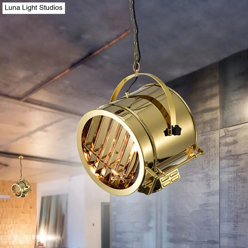 Stainless Steel Gold Pendant Drum Light Fixture - Art Deco Spotlight With Handle For Office