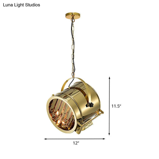 Stainless Steel Gold Pendant Drum Light Fixture - Art Deco Spotlight With Handle For Office