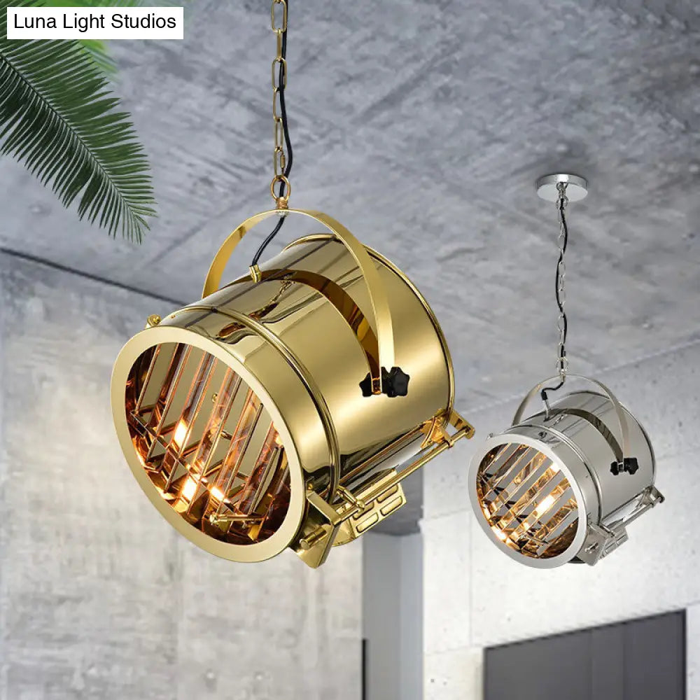 Stainless Steel Gold Pendant Drum Light Fixture - Art Deco Spotlight With Handle For Office