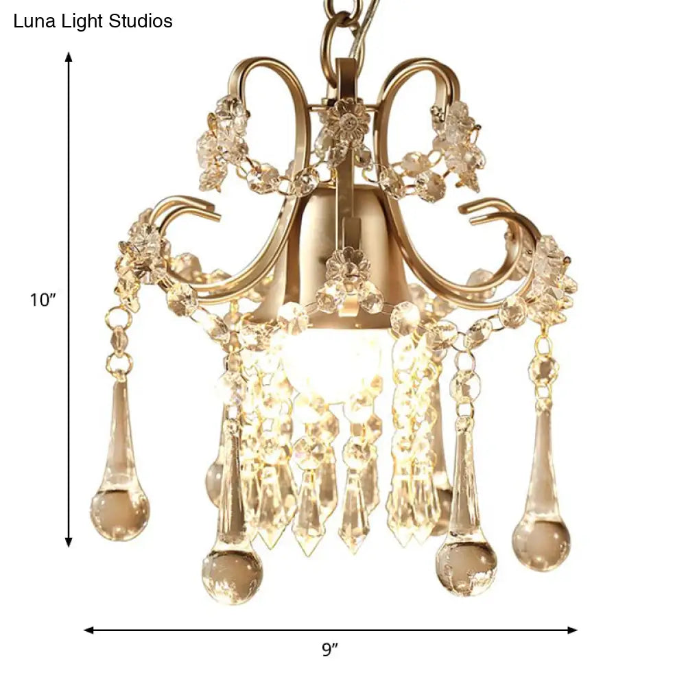 Gold Pendant Lamp With Crystal Droplet - Classic Style Metal Frame Ceiling Light 1 Bulb