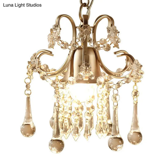 Gold Pendant Lamp With Crystal Droplet - Classic Style Metal Frame Ceiling Light 1 Bulb