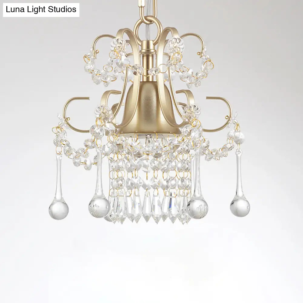 Gold Pendant Lamp With Crystal Droplet - Classic Style Metal Frame Ceiling Light 1 Bulb