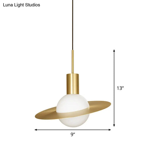 Gold Planetoid Pendant Light With Opaline Glass Shade - Postmodern Ceiling Fixture For Table