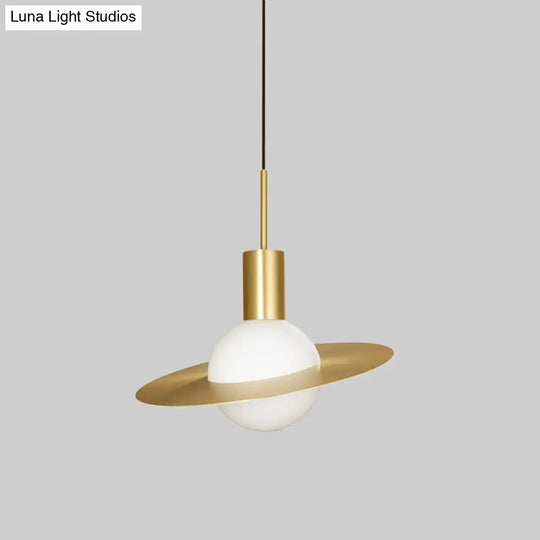 Gold Planetoid Hanging Light - Postmodern Opaline Glass Pendant For Table