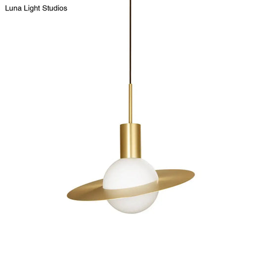 Gold Planetoid Pendant Light With Opaline Glass Shade - Postmodern Ceiling Fixture For Table