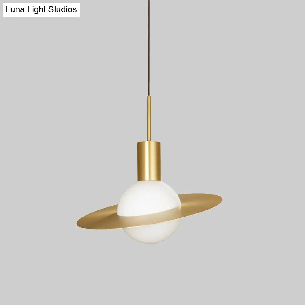 Gold Planetoid Pendant Light With Opaline Glass Shade - Postmodern Ceiling Fixture For Table