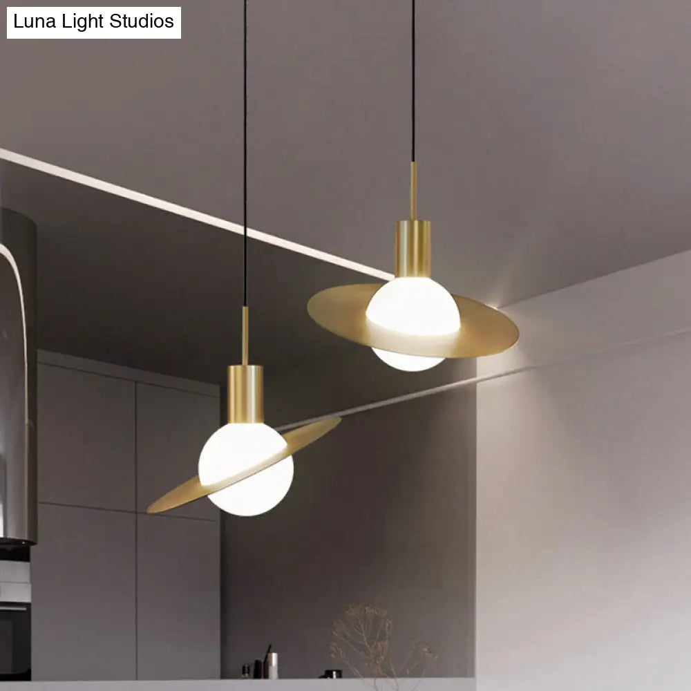 Gold Planetoid Pendant Light With Opaline Glass Shade - Postmodern Ceiling Fixture For Table