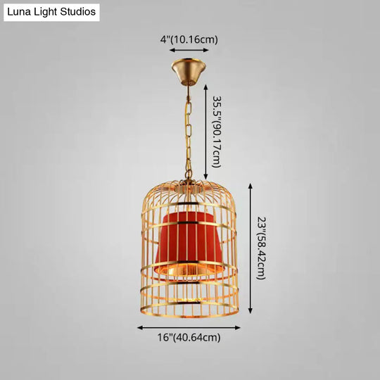 Gold Plated Birdcage Hanging Lamp Country Metal Ceiling Light With Cone Shade For Restaurants (1