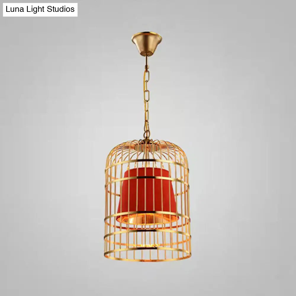 Gold Plated Birdcage Hanging Lamp Country Metal Ceiling Light With Cone Shade For Restaurants (1