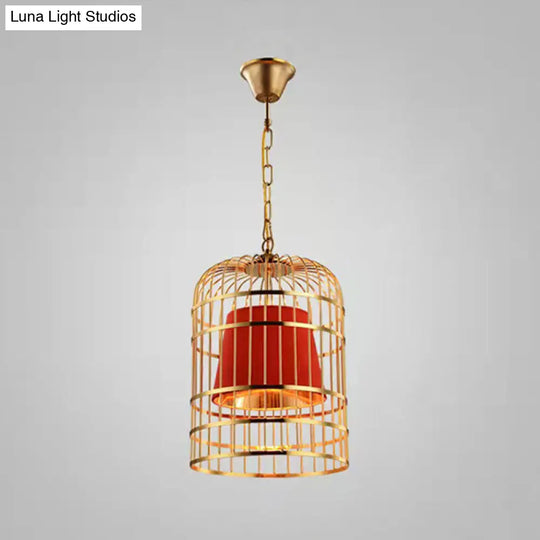 Gold Plated Birdcage Hanging Lamp Country Metal Ceiling Light With Cone Shade For Restaurants (1