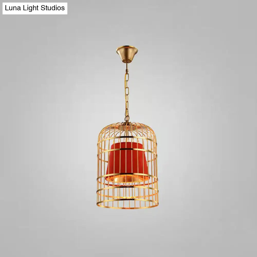 Gold Plated Birdcage Hanging Lamp Country Metal Ceiling Light With Cone Shade For Restaurants (1
