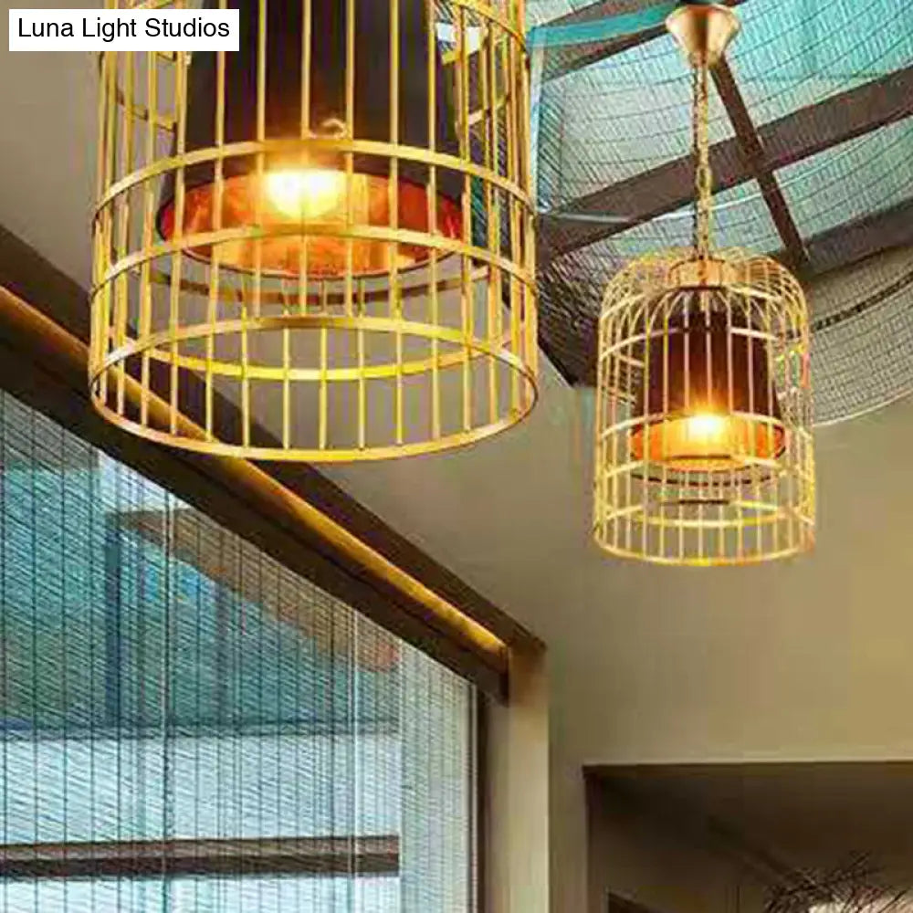 Gold Plated Birdcage Hanging Lamp Country Metal Ceiling Light With Cone Shade For Restaurants (1