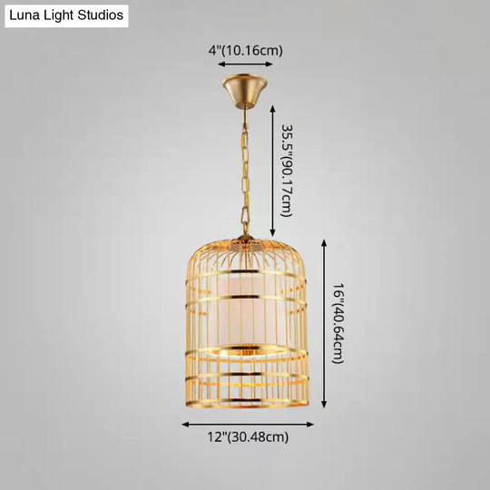 Gold Plated Birdcage Hanging Lamp - Country Metal Ceiling Light With Cone Shade