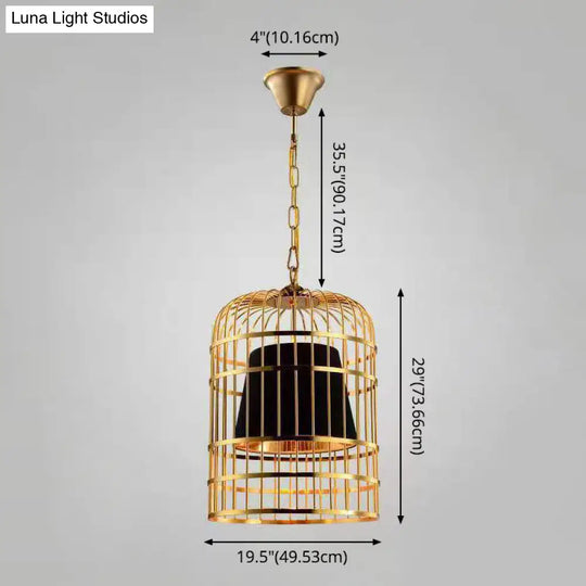 Gold Plated Birdcage Hanging Lamp - Country Metal Ceiling Light With Cone Shade