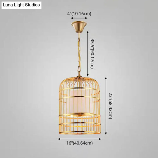 Gold Plated Birdcage Hanging Lamp - Country Metal Ceiling Light With Cone Shade