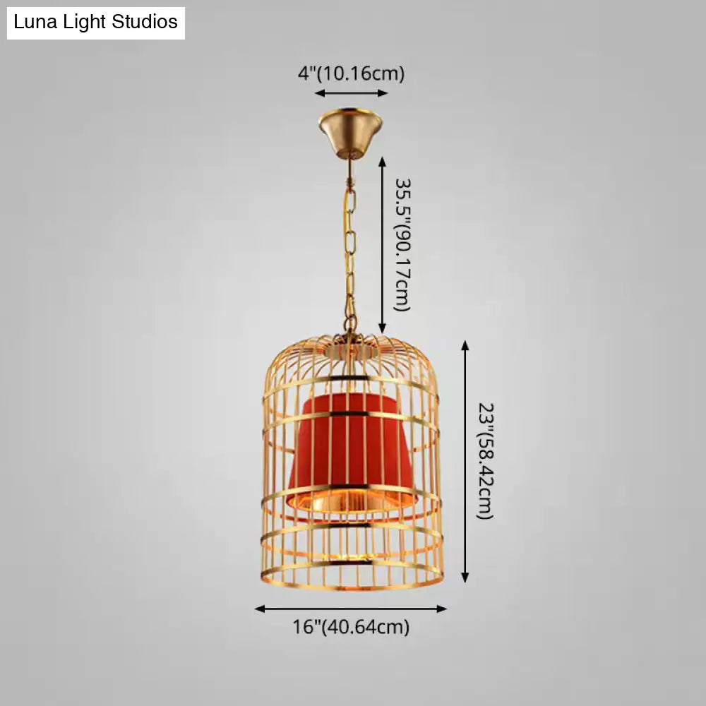 Gold Plated Birdcage Hanging Lamp - Country Metal Ceiling Light With Cone Shade