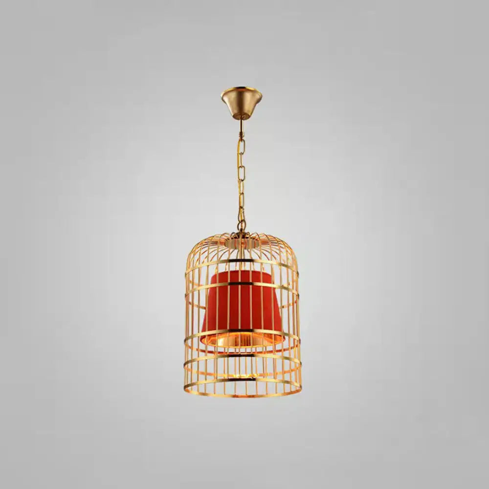 Gold Plated Birdcage Hanging Lamp - Country Metal Ceiling Light With Cone Shade Red / 12’