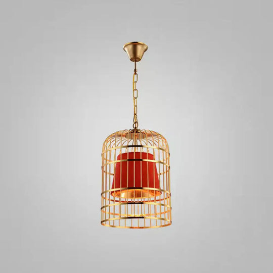 Gold Plated Birdcage Hanging Lamp - Country Metal Ceiling Light With Cone Shade Red / 16’
