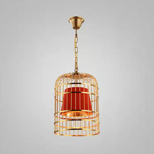 Gold Plated Birdcage Hanging Lamp - Country Metal Ceiling Light With Cone Shade Red / 19.5’
