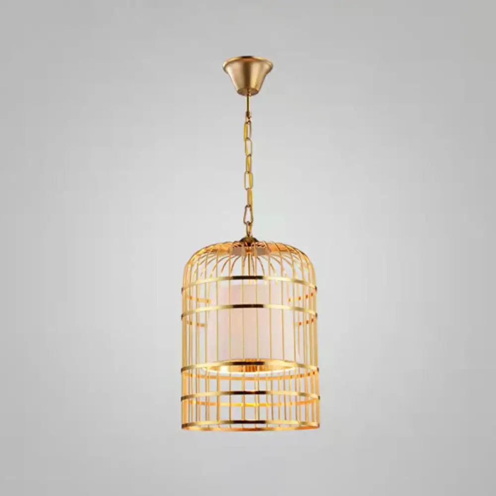 Gold Plated Birdcage Hanging Lamp - Country Metal Ceiling Light With Cone Shade White / 19.5’