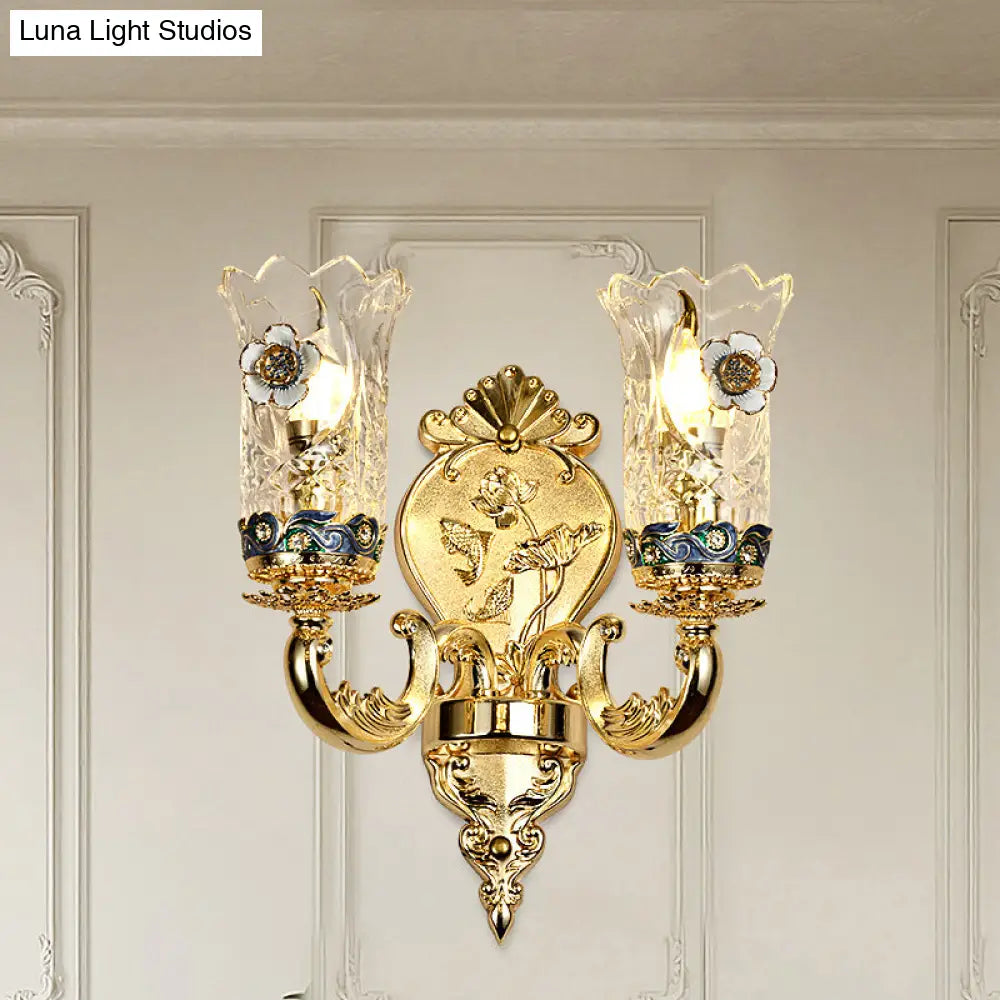 Gold Plated Floral Glass Wall Mount Sconce: Antique Carved Lamp For Foyer