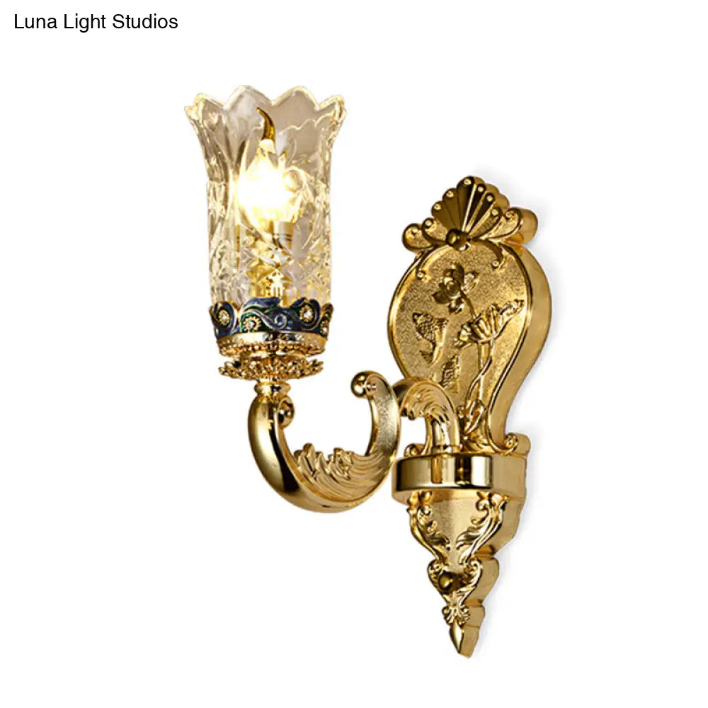 Gold Plated Floral Glass Wall Mount Sconce: Antique Carved Lamp For Foyer