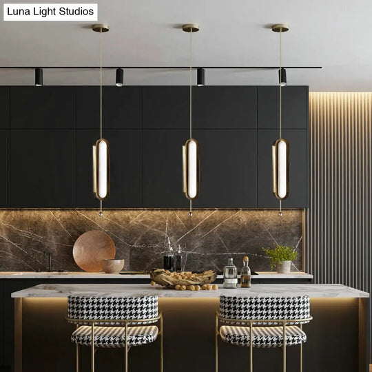 Gold Plated Led Suspended Light For Dining Room - Postmodern Metal Oblong Design