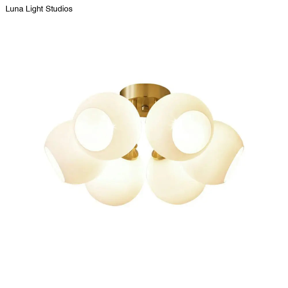Gold Plated Semi-Flush Ceiling Light With Milky Glass Dome For Bedroom 6 /